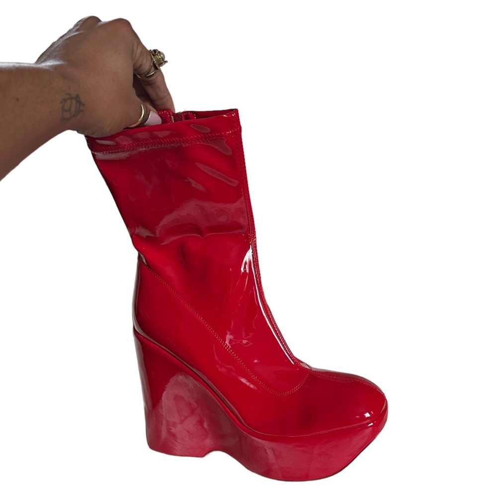 Red Vinyl Wedge Boots
